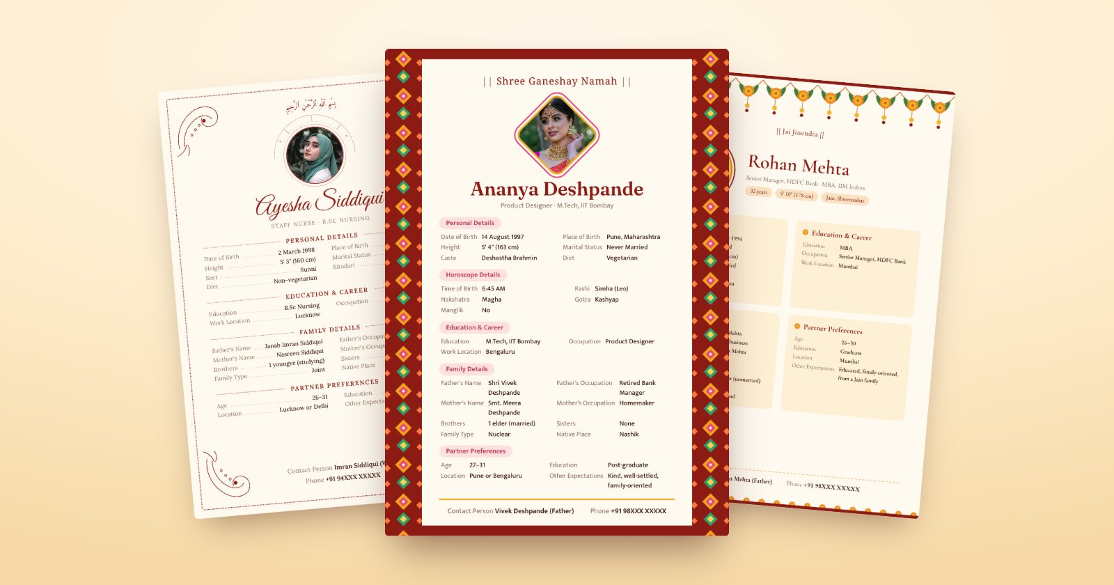 Three sample marriage biodatas in different designs, each with a photo and details