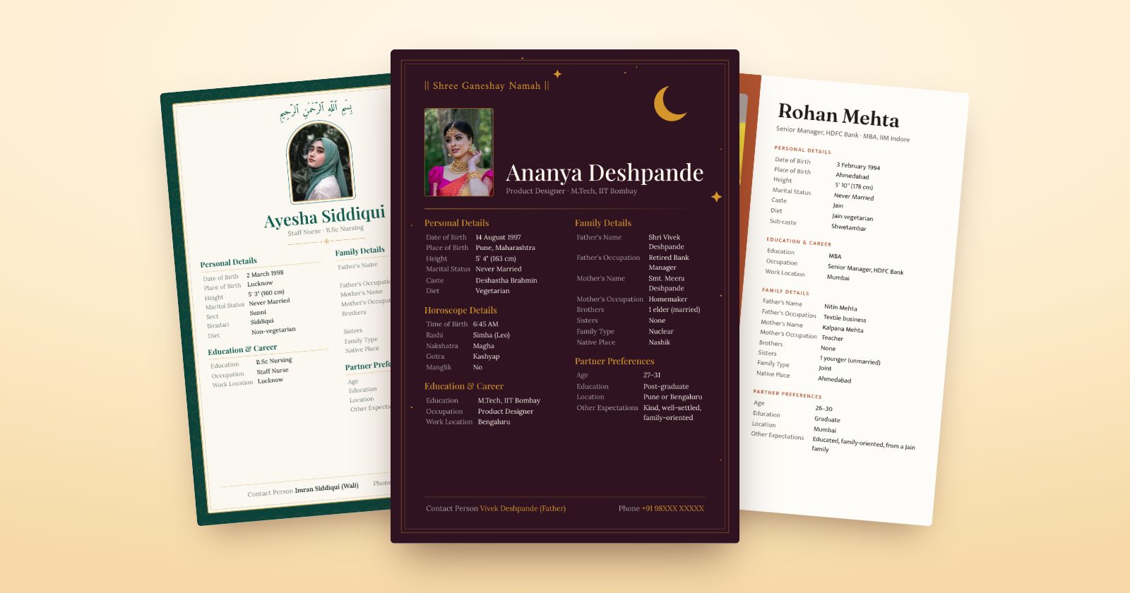 Three marriage biodata designs side by side: green, dark purple and a modern layout
