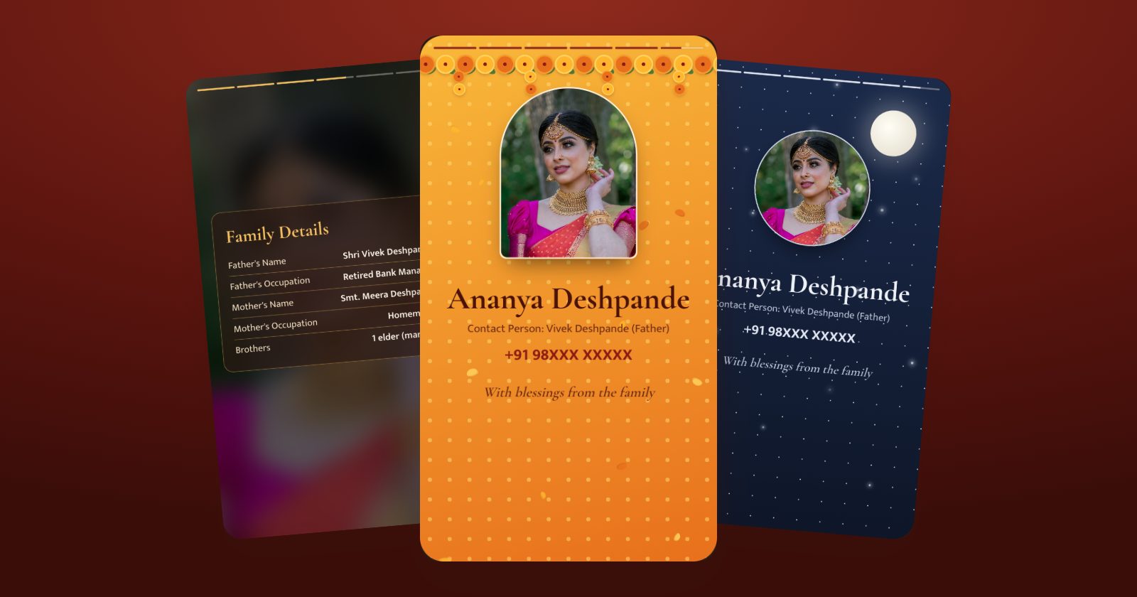 Three scenes from a vertical video biodata: family details, the name with a photo, and a closing scene