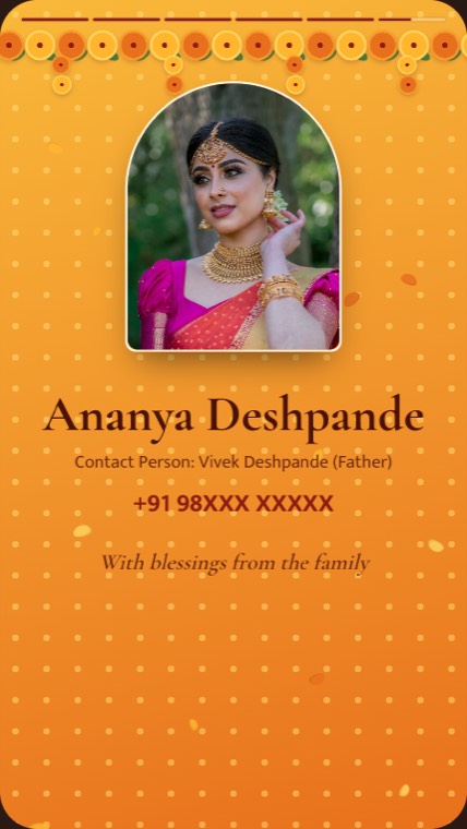 Video biodata closing scene with the name, photo and contact person